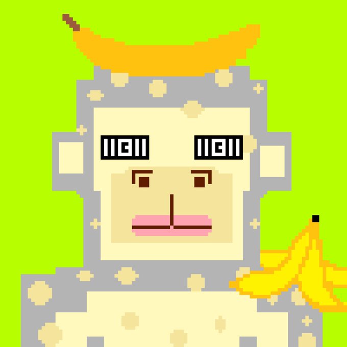 A pixel art illustration shows a character with blonde hair, geometric eyes, and a banana, set against a bright green background.