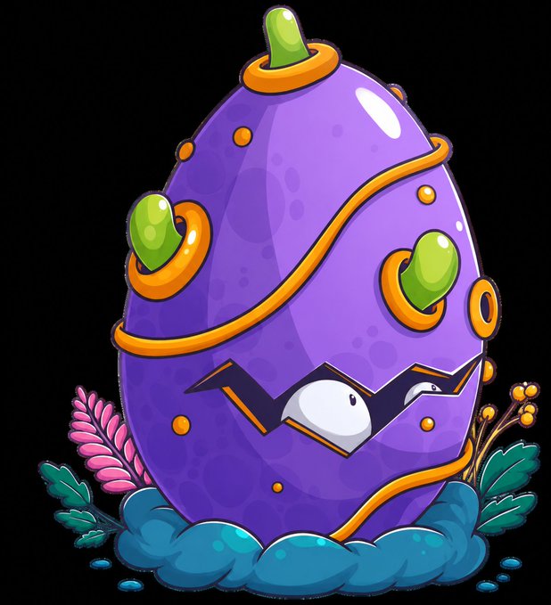 A cartoon illustration of a purple egg character with orange trim, glowing green gems, and an angry eye peering through a cracked opening, sitting on a bed of blue plants.