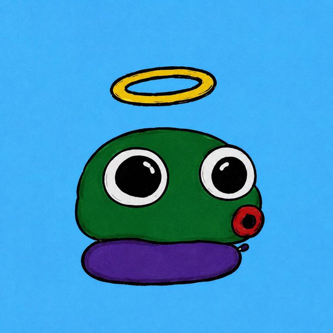 A cute green cartoon blob character with big googly eyes and a yellow halo floats against a blue background, with a purple puddle beneath it. The image represents "BlobPepe," matching the post's giveaway promotion for blobpepe Twitter handles and EVM wallet addresses.