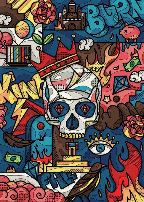 A vibrant, colorful graphic illustration features a crowned skull surrounded by various symbols including a rose, castle, and an eye.