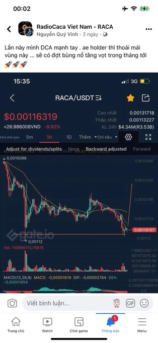 A mobile screenshot from a Vietnamese cryptocurrency group chat discussing RadioCaca Viet Nam (RACA), showing the RACA/USDT price at $0.00116319 (down 9.92%) with a Gate.io candlestick chart.