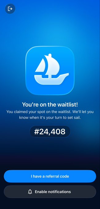 A waitlist confirmation screen showing a sailboat logo with the message 'You're on the waitlist!' at position #24,408, including options for referral codes and notifications.