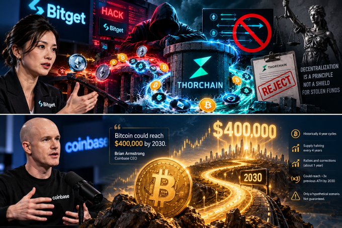 A collage contrasting a crypto 'HACK' and 'THORCHAIN' reject image with a Bitcoin price chart showing $400,000 by 2030, quoting Coinbase CEO Brian Armstrong.