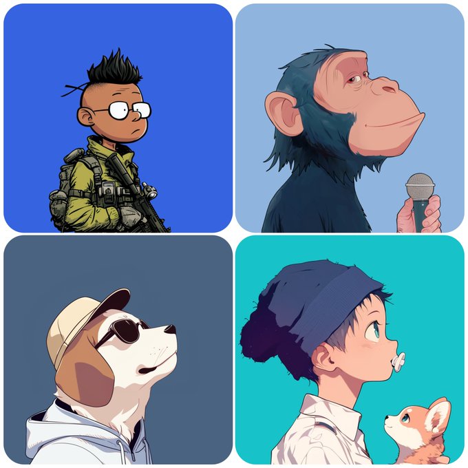 A 2x2 grid of stylized digital illustrations featuring four characters: a boy with glasses and backpack, a chimpanzee holding a microphone, a dog with sunglasses and cap, and a child in a beanie with a small fox.