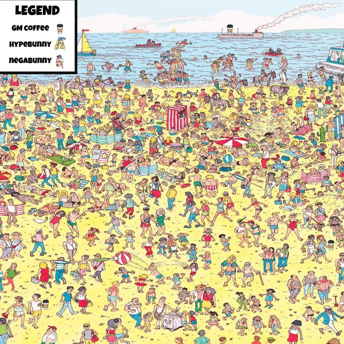 A detailed, chaotic cartoon illustration of a crowded beach with a legend in the top left corner for 'GM COFFEE', 'HYPEBUNNY', and 'negABUNNY'.