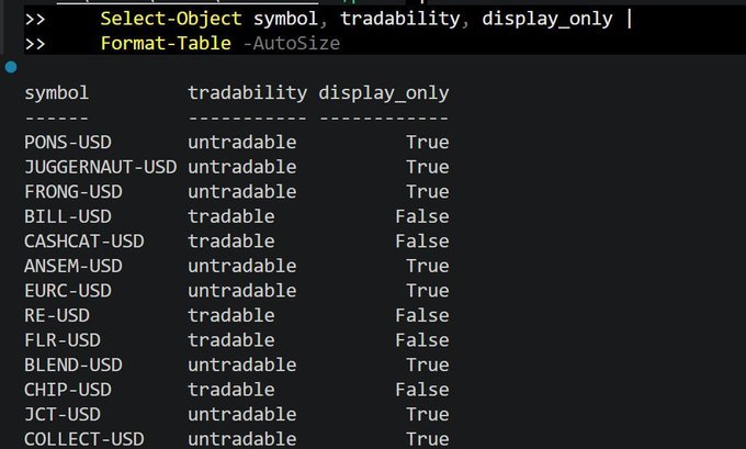 A PowerShell terminal displays a formatted table from the Robinhood API showing cryptocurrency trading pairs with columns for symbol, tradability, and display_only status, listing tokens such as PONS-USD, JUGGERNAUT-USD, FRONG-USD, BILL-USD, and CASHCAT-USD. The table supports the post's claim that $JUGGERNAUT and $FRONG are marked as "untradable" with "display_only" set to True, confirming they appear on Robinhood only as price feeds rather than as fully tradeable listings.