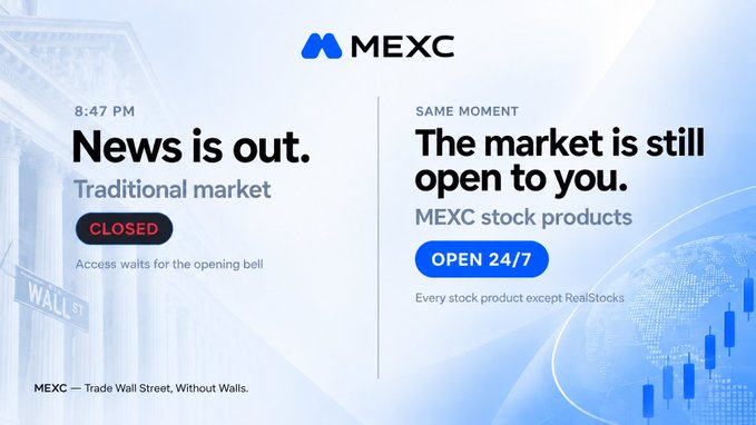A MEXC cryptocurrency exchange advertisement reading "News is out. Traditional market CLOSED" and "The market is still open to you. MEXC stock products OPEN 24/7", with the tagline "MEXC — Trade Wall Street, Without Walls."