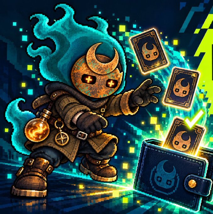 A pixel art illustration features a hooded character with a crescent moon mask casting glowing blue cards from a chest.
