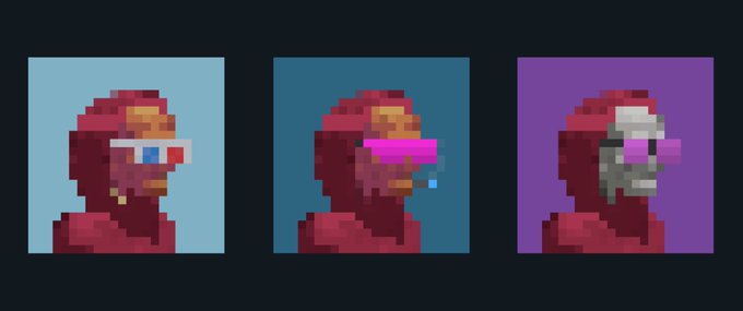 Three pixel-art portraits show the same hooded figure in red, each with different colored visors or glasses (3D glasses, pink glitch visor, and a metallic helmet) against blue, dark blue, and purple backgrounds.