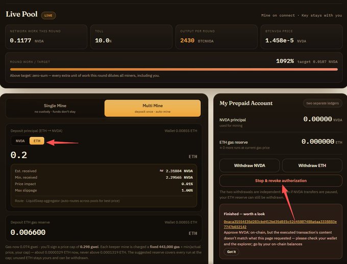 The image shows a Live Pool dashboard (in "Multi Mine" mode) for $BTCNVDA on a platform called LiquidSwap, displaying a 0.2 ETH deposit and 0.00666 ETH gas reserve in the user's prepaid account. Red arrows highlight key action points: the ETH token selector for swapping NVDA, and the "Stop & revoke authorization" button needed to reclaim leftover $BTCNVDA after a multi-mine run—providing the practical steps behind the author's first-day mining experiment and the 1,000 $BTCNVDA giveaway mentioned in the post.