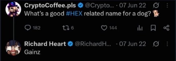 A Twitter exchange where CryptoCoffee.pls asks 'What's a good #HEX related name for a dog?' and Richard Heart replies 'Gainz'.