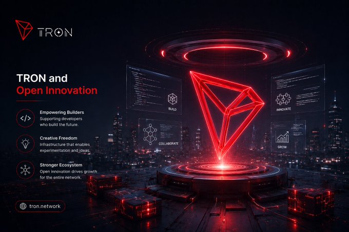 A promotional graphic for TRON highlights "TRON and Open Innovation" with a glowing red 3D TRON diamond logo, emphasizing "Empowering Builders," "Creative Freedom," and "Stronger Ecosystem" against a futuristic cityscape backdrop.