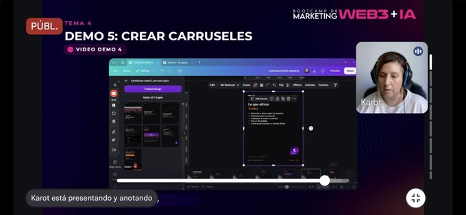 The image shows a screen with a presentation slide from a webinar, featuring a woman talking into a microphone while looking at her computer screen. The slide has a purple background and white text that reads " Demo 5 Crear carrosiles", indicating that they are discussing how to create presentations using the software. The image also includes a caption in Spanish about the webinar, which is related to the content of the presentation.