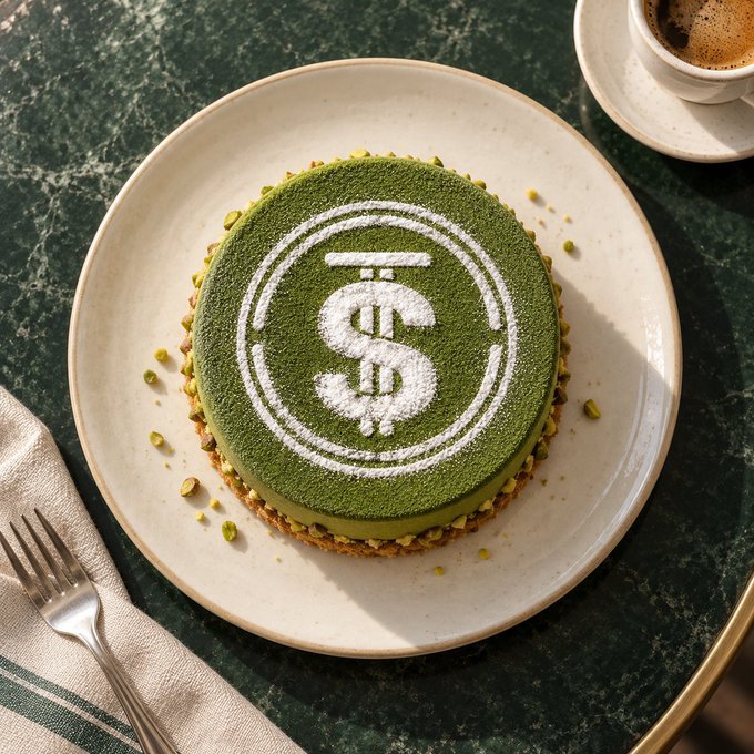 A matcha cake decorated with a dollar sign stencil sits on a plate beside a cup of coffee.
