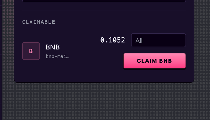 A dark-themed cryptocurrency interface showing a 'CLAIMABLE' section for 'BNB' (bnb-mai...) with an amount of '0.1052' and a pink 'CLAIM BNB' button.