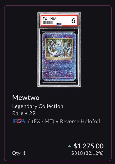 PSA-graded Pokemon card listing for a Mewtwo 'Legendary Collection' Reverse Holofoil card, graded EX-NM 6, priced at $1,275 (up $310/32.12%).