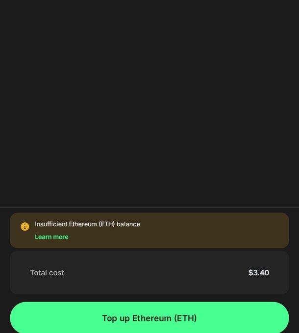 A cryptocurrency transaction screen displays an "Insufficient Ethereum (ETH) balance" warning with a total cost of $3.40 and a green "Top up Ethereum (ETH)" button.