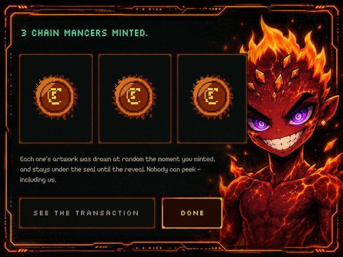 A digital art interface displays '3 CHAIN MANCERS MINTED' with three hidden coin tokens and a fiery anime-style demon character on the right.
