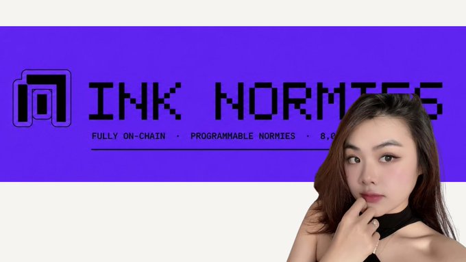 A promotional banner for 'INK NORMIES' with the tagline 'FULLY ON-CHAIN · PROGRAMMABLE NORMIES · 8,0' displayed on a purple background alongside a portrait of a young woman.