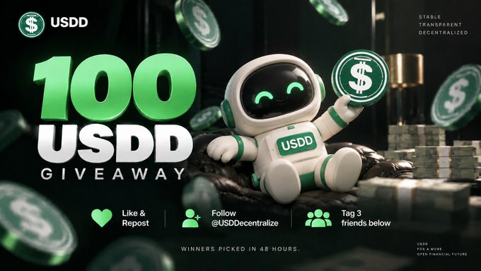 A promotional graphic for a "100 USDD Giveaway" featuring a cute white robot mascot holding a dollar coin amid falling coins and stacks of cash, with instructions to Like & Repost, Follow @USDDcentralize, and Tag 3 friends below—announcing the 20 USDD winners (@XBTC_Xyz, @Oraa_ye, @babs_jide01, @Hey_Shithil, @knownasace7) selected from participants of this very contest.