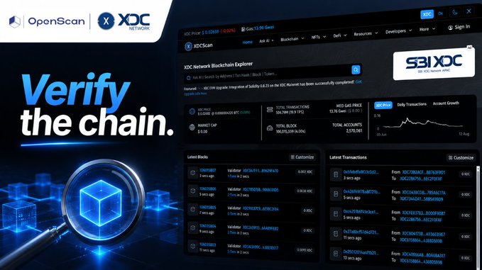 The image is a promotional banner for XDCScan, showing a blockchain explorer interface with the text "Verify the chain." prominently displayed alongside a magnifying glass over a blue 3D cube, and the XDC Price listed at 0.03699 (-0.02%) with a Market Cap of $540,355,557.20. The dashboard displays live data including the latest blocks, latest transactions (such as a transaction with hash "0xd4d60e37..."), total transactions of 106,789, and the URL xdcscan.io, illustrating the post's message about using XDCScan (powered by OpenScan) to explore blocks, transactions, and wallets on the XDC Network.