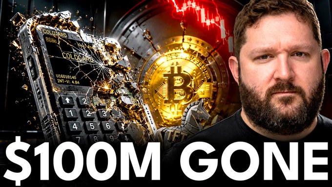 A YouTube thumbnail shows a bearded man next to a shattered COLDCARD Bitcoin hardware wallet with text reading "$100M GONE" against a red and gold background.
