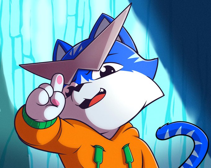 An anthropomorphic cartoon cat character with blue and white fur wearing an orange hoodie, posed dramatically with a finger pointing up and a large star shape near its head.