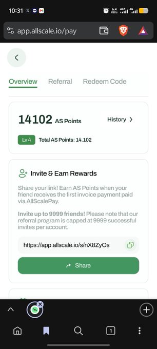 Mobile screenshot of app.allscale.io/pay showing a balance of '14102 AS Points' at 'Lv.4' along with an 'Invite & Earn Rewards' referral link section.