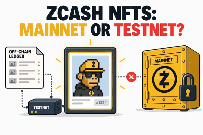 An infographic titled 'ZCASH NFTS: MAINNET OR TESTNET?' showing an off-chain ledger, a testnet device, a pixel-art NFT character, and a mainnet safe with a Z logo.