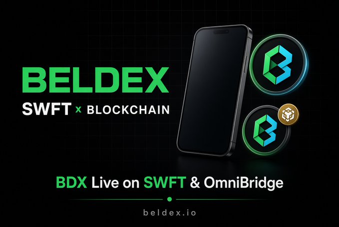 A promotional graphic for BELDEX displaying the text 'BELDEX SWFT x BLOCKCHAIN' alongside a smartphone with BDX coin graphics, captioned 'BDX Live on SWFT & OmniBridge' with the URL beldex.io.