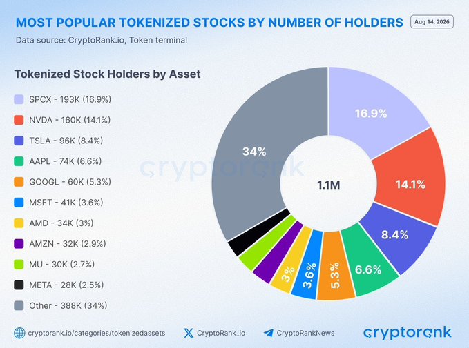 The image is a donut chart from CryptoRank titled "Most Popular Tokenized Stocks by Number of Holders" (dated Aug 14, 2026), showing 1.1M total holders across tokenized equities, with SPCX (SpaceX) leading at 193K (16.9%), followed by NVDA at 160K (14.1%), TSLA at 96K (8.4%), AAPL at 74K (6.6%), GOOGL at 60K (5.3%), MSFT at 41K (3.6%), AMD at 34K (3%), AMZN at 32K (2.9%), MU at 30K (2.7%), and META at 28K (2.5%), with the remaining 388K (34%) grouped as "Other." The chart directly visualizes the post's claim that tokenized stocks are maturing into a substantial market, with SpaceX, Nvidia,