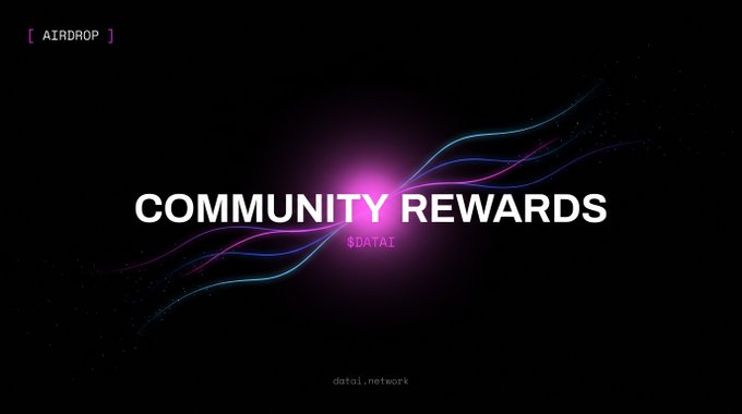 A dark promotional graphic for the DATAI Network airdrop, featuring neon blue and purple light trails and the headline “COMMUNITY REWARDS,” with “$DATAI” beneath it. It visually supports the post’s announcement that 942 wallets qualify for a 400,000 $DATAI allocation, with claims opening at TGE on Thursday, 22 October 2026.