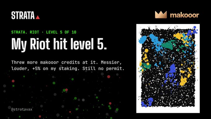 A digital graphic on a black background features the text 'STRATA. RIOT. LEVEL 5 OF 10 - My Riot hit level 5' alongside a splattered colorful artwork and the 'makoor' logo.