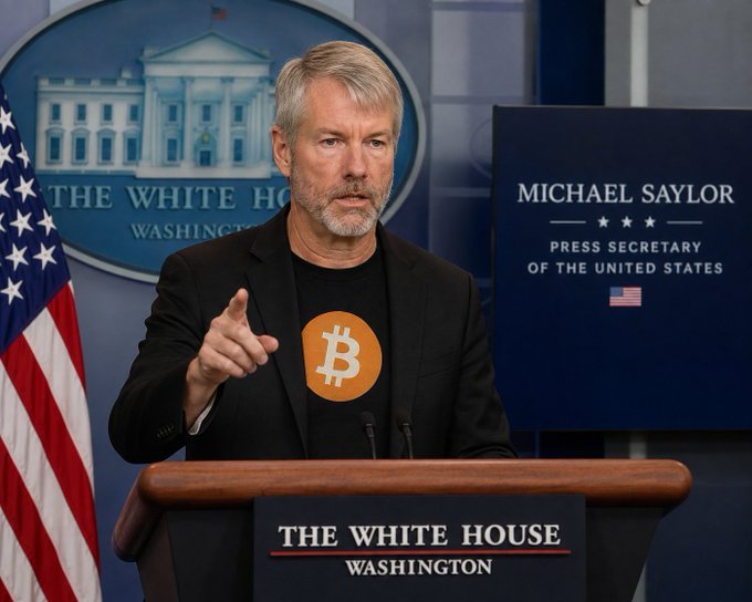 The image shows a man with gray hair and a beard, wearing a black blazer over a black t-shirt featuring the Bitcoin (₿) logo, standing at a White House press briefing podium labeled "MICHAEL SAYLOR - PRESS SECRETARY OF THE UNITED STATES." The post's suggestion to contact @saylor plays on the visual gag of Michael Saylor—the prominent Bitcoin advocate and MicroStrategy founder—appearing to hold the official press secretary role at the White House.