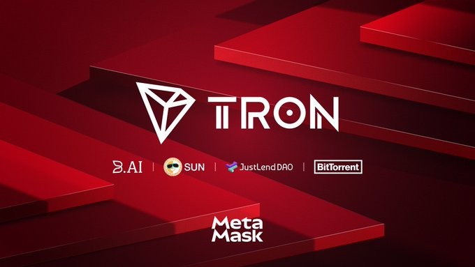 A red-themed promotional graphic features the TRON logo with associated brands including B.AI, SUN, JustLendDAO, BitTorrent, and MetaMask displayed below.