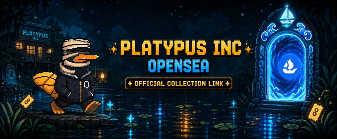 A pixel-art platypus character in a black jacket stands beside a glowing blue portal in a nighttime swamp setting, with a "Platypus Inc" sign visible in the background. The bold pixelated text reads "PLATYPUS INC" and "OPENSEA - OFFICIAL COLLECTION LINK," directing viewers to the project's OpenSea mint page.