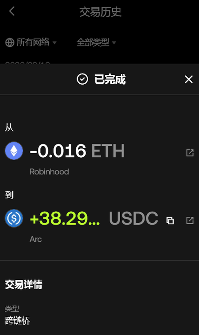 A dark-themed mobile app screen shows a completed transaction history in Chinese, detailing an exchange from "-0.016 ETH" (Robinhood) to "+38.29... USDC" (Arc), marked as a cross-chain transaction.