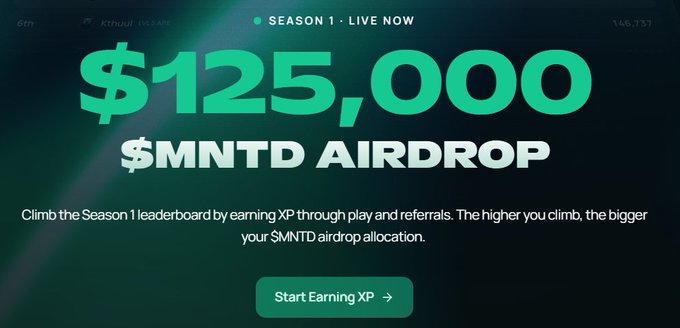 A promotional graphic for a $125,000 $MNTD token airdrop on mint.io's Season 1, featuring a "Start Earning XP" call-to-action button and explaining that users climb the leaderboard by earning XP through gameplay and referrals, directly tying into the message about referral-based XP boosting Season 1 rankings.