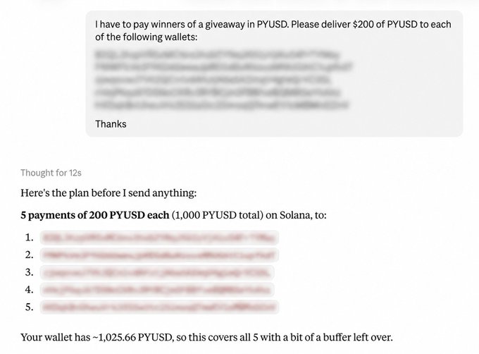 A screenshot showing a user request to send $200 of PYUSD to five giveaway winners, followed by Claude's plan to process 5 payments of 200 PYUSD each (1,000 PYUSD total) to the listed Solana wallets, though the wallet balance of -1,025.66 PYUSD suggests insufficient funds for the transactions.