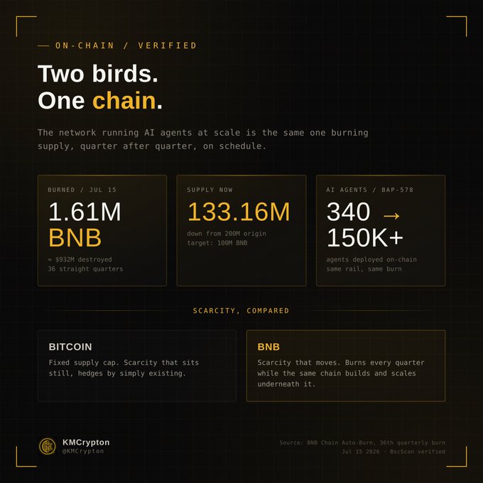The image is a dark-themed infographic titled "Two birds. One chain." highlighting BNB's quarterly token burn (1.61M BNB/$932M destroyed on Jul 15) alongside its role powering AI agents (340 to 150K+ on-chain), contrasting Bitcoin's static scarcity with BNB's "scarcity that moves." It visually reinforces the post's argument that BNB Chain simultaneously delivers deflationary supply burns and AI infrastructure scale on the same network.