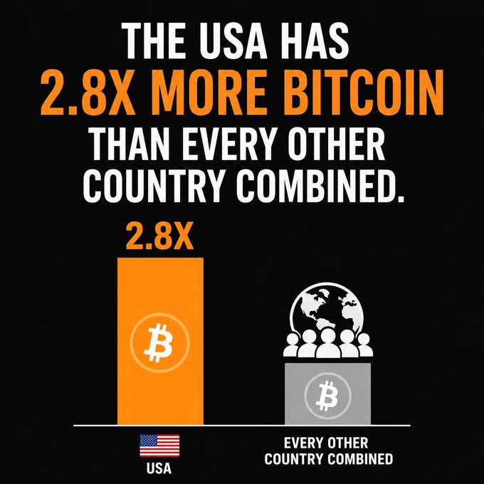 An infographic with a black background displays the headline "THE USA HAS 2.8X MORE BITCOIN THAN EVERY OTHER COUNTRY COMBINED," comparing an orange bar labeled "2.8X" with a U.S. flag Bitcoin icon versus a smaller bar with a globe and Bitcoin icon representing "EVERY OTHER COUNTRY COMBINED." The visual reinforces the post's claim that the USA's $BTC holdings dwarf those of all other nations.