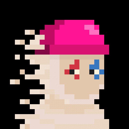 Pixel art of a ghost-like white figure with mismatched red and blue eyes wearing a pink hat, with a trail of pixelated particles behind it.