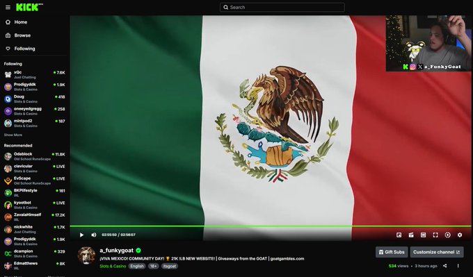A Twitch stream by "a_funkygoat" displays a large Mexican flag during a stream celebrating Mexico Community Day with a Pokémon GO giveaway sponsored by GOAT Games. The post announces a $100 giveaway if Mexico wins "tonight," tying the patriotic flag imagery to a sports-related contest (likely a Mexico national team match).