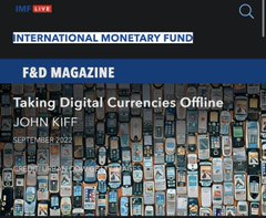 An IMF F&D Magazine article cover titled 'Taking Digital Currencies Offline' by John Kiff, dated September 6, 2022, set against a background mosaic of mobile phones.