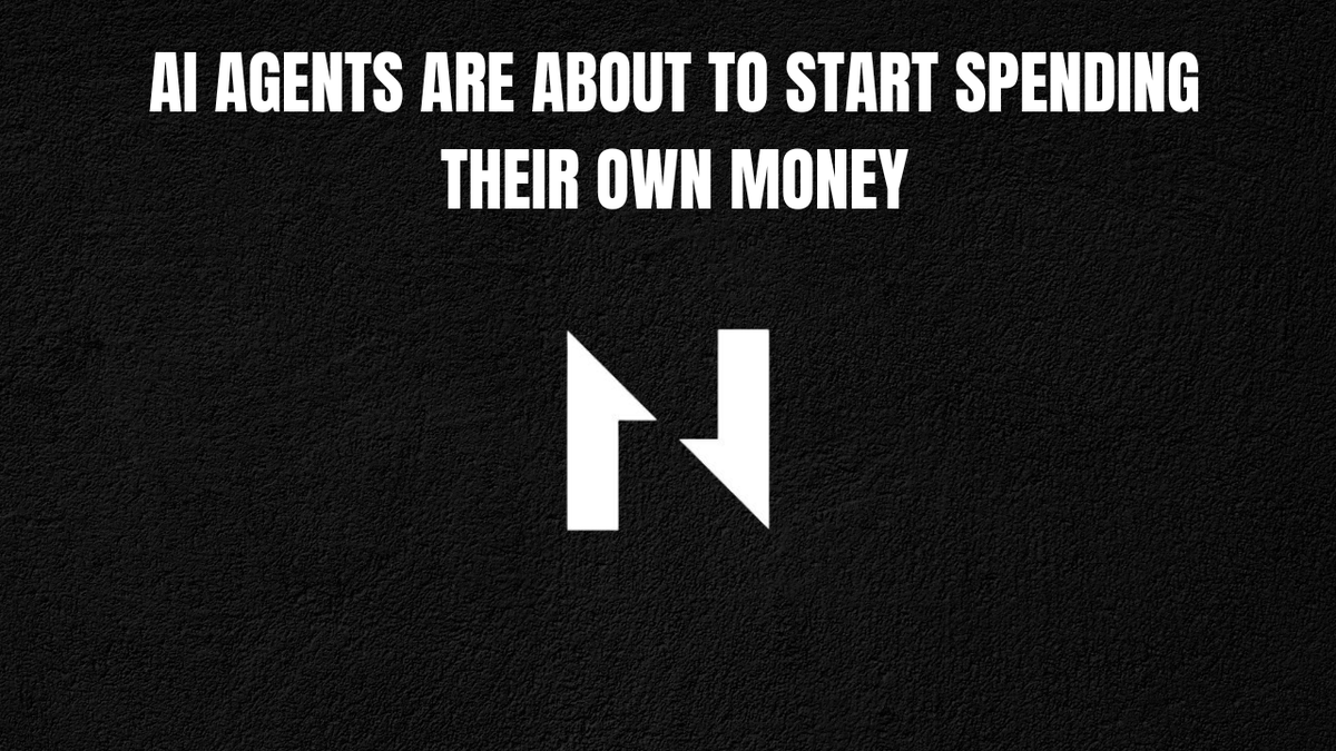 A black graphic with white text reading 'AI AGENTS ARE ABOUT TO START SPENDING THEIR OWN MONEY' above a stylized up-down arrow logo.