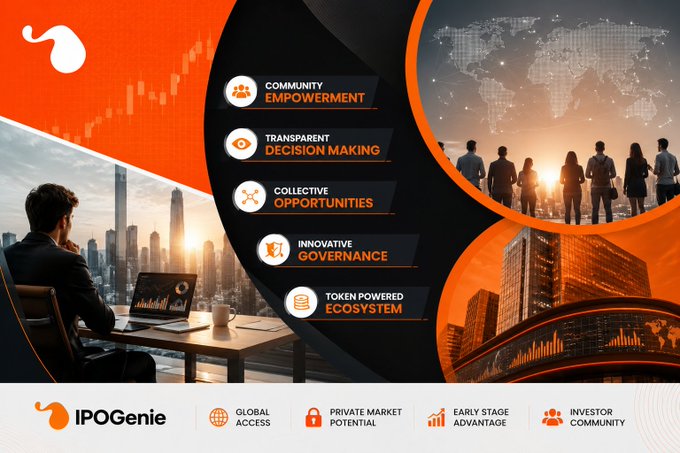 A promotional graphic for 'IPOGenie' highlighting features like 'COMMUNITY EMPOWERMENT', 'TRANSPARENT DECISION MAKING', 'COLLECTIVE OPPORTUNITIES', 'INNOVATIVE GOVERNANCE', and 'TOKEN POWERED ECOSYSTEM' with imagery of city skylines and stock market charts.