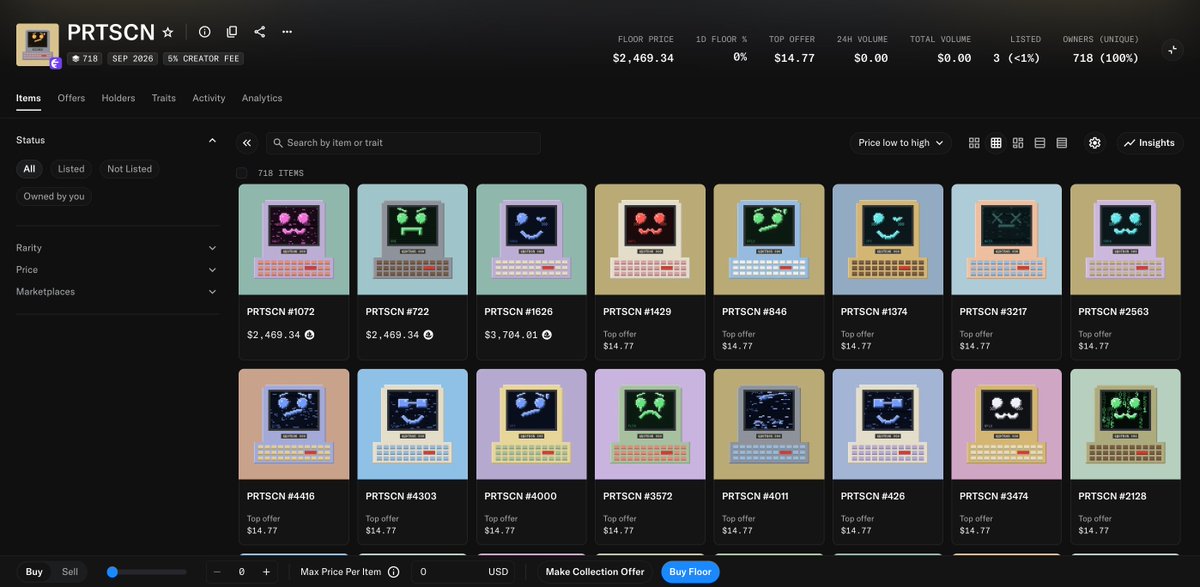The image shows a digital marketplace listing for the PRTSCN NFT collection (718 items, 5% creator fee) with a floor price of $2,469.34, where each item features retro-style pixelated computer terminals displaying emoticon faces and carries a top offer of $14.77. The screenshot illustrates the inflated floor price of these NFTs compared to the actual offers being made, suggesting holders are being warned that the collection may be overvalued or under significant pressure.