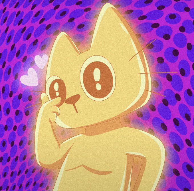 A cute cartoon illustration of a yellow cat character with large round eyes blushing and holding its face, set against a purple and pink patterned background with small hearts.
