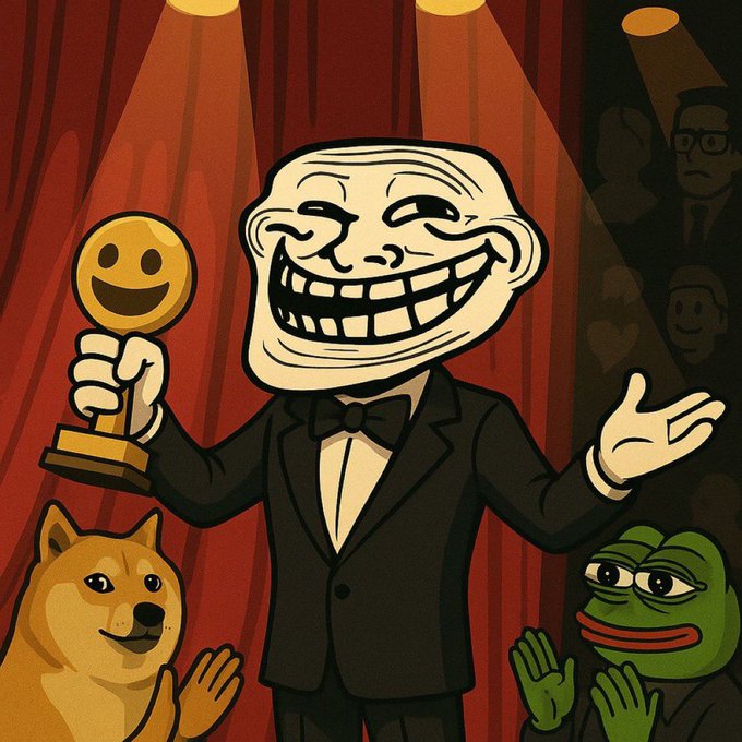 A cartoon trollface character in a tuxedo triumphantly holds a smiley-face trophy on a stage under red curtains, accompanied by a Doge and Pepe cheering him on. The image humorously celebrates the meme coins mentioned in the post—$TROLL, $WOJAK, $PEPE, $LMEOW, and $DOGE—visualizing them as victors who refuse to be given up on.