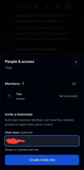 A mobile app screenshot shows a 'People & access' dialog for a chat named 'Tagly' with one member listed as 'You' and an option to 'Create invite link'.